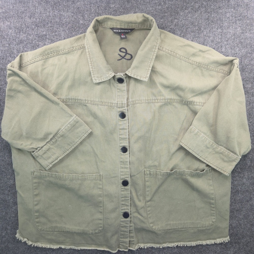 Rock & Republic Womens S Green Cotton Frayed Hem Rock & Roll Utility Jacket